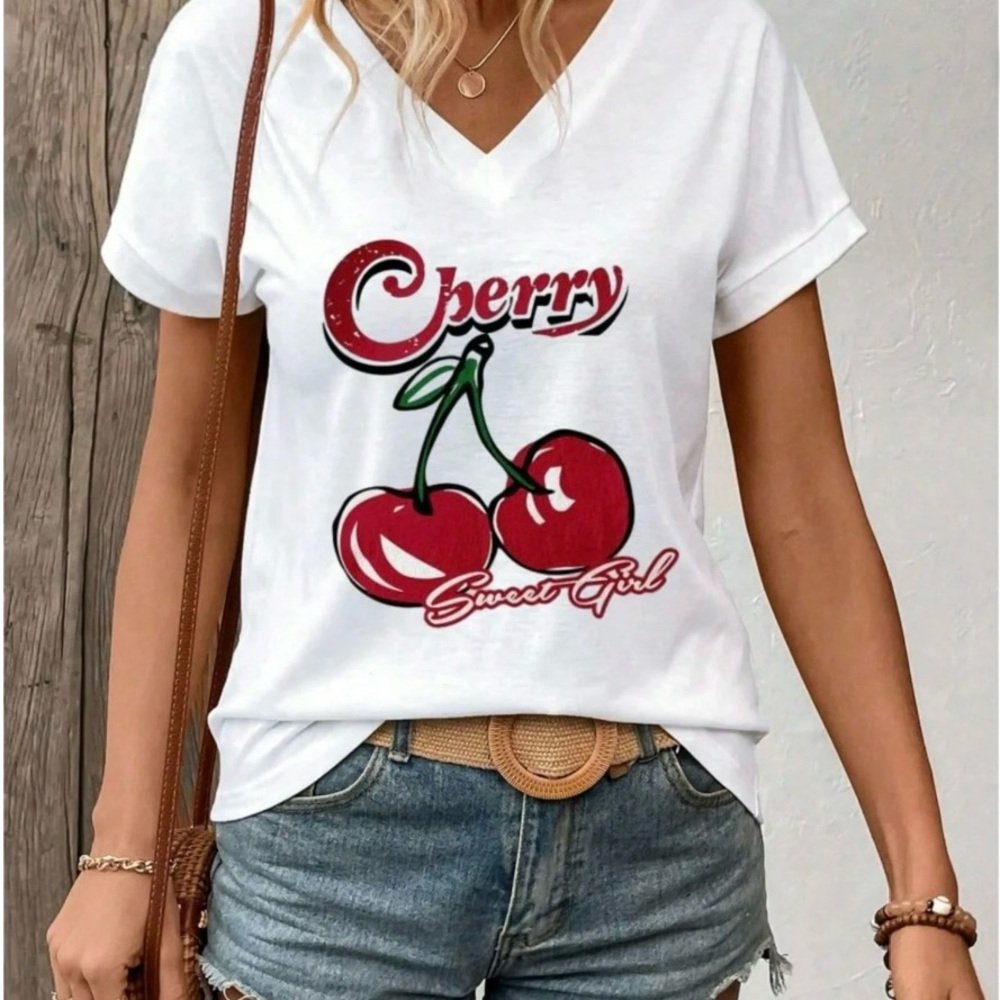 Price Firm. NWT Cherry Sweet Girl White V-Neck T-Shirt, Size Small